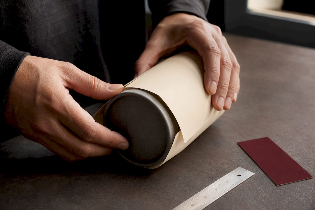 Hands fitting sleeve around anonymous container