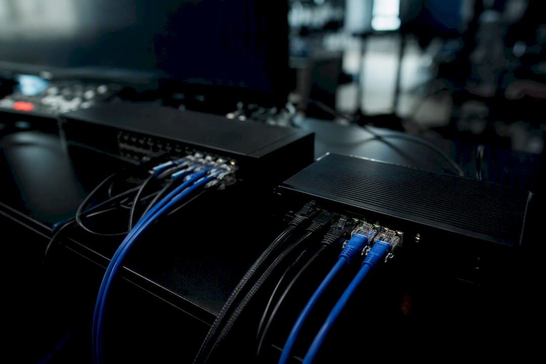 Close-up of network cables in streaming setup