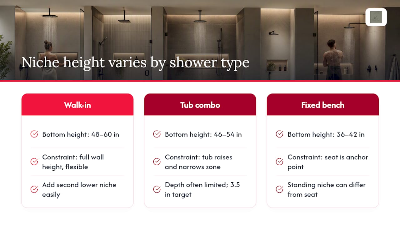 Niche height ranges by shower type