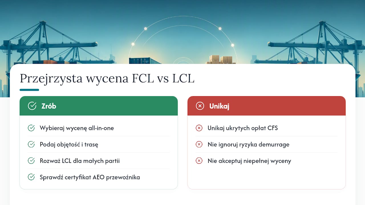 Wycena transportu FCL i LCL bez niespodzianek na fakturze — overview diagram