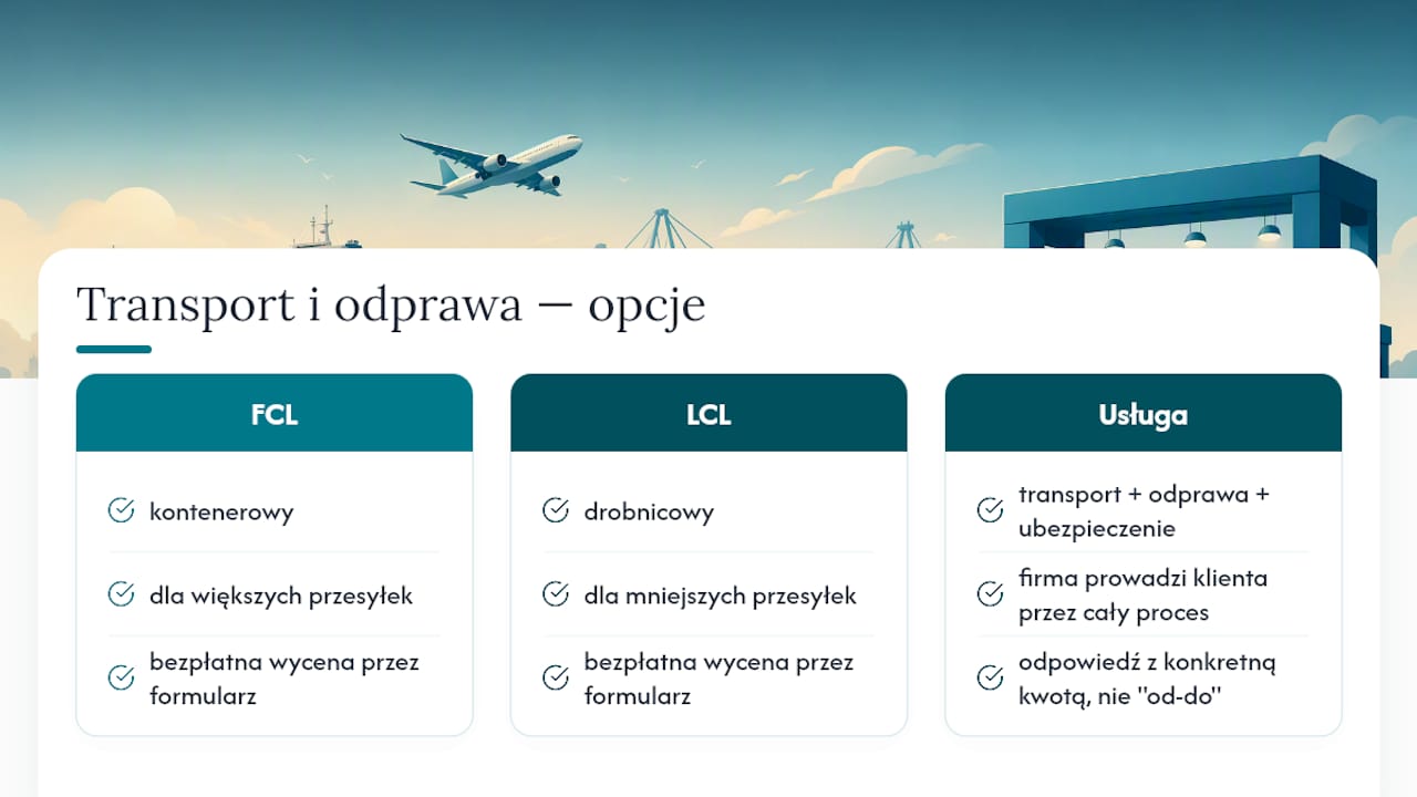 Transport, odprawa i wycena importu z Chin bez niespodzianek — overview diagram