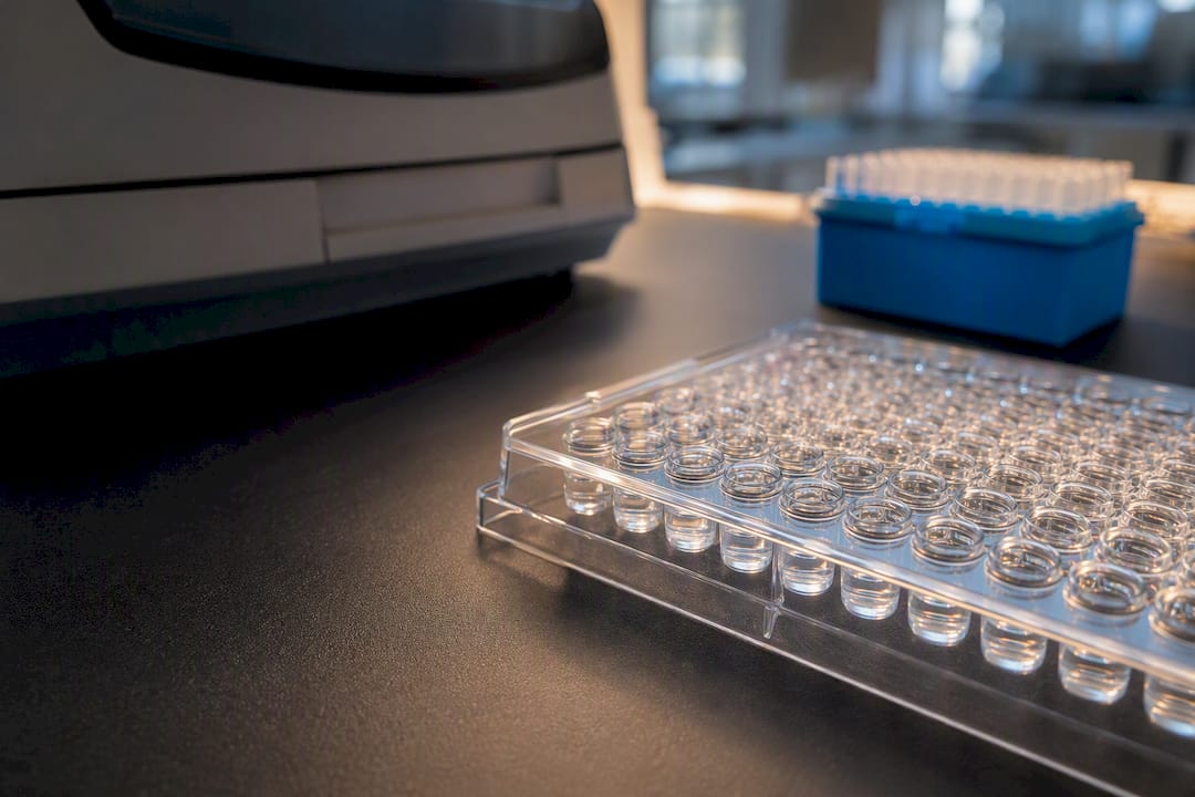 Mikrotiterplatte neben einem nicht näher bezeichneten Plattenleser