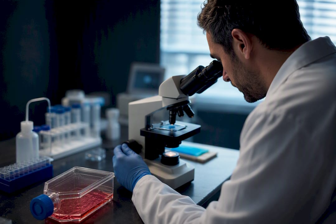 Chercheur examinant une culture cellulaire