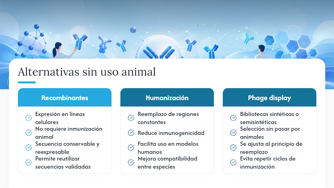 Alternativas al uso animal en el desarrollo de anticuerpos — overview diagram