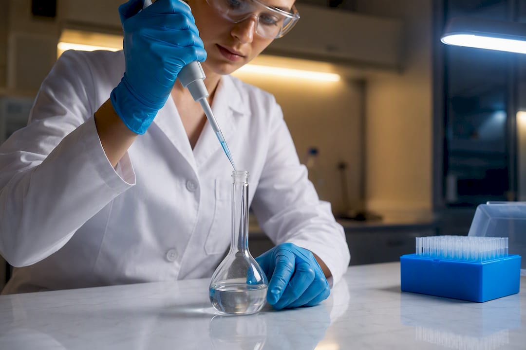Pipette über einem Messkolben im Labor