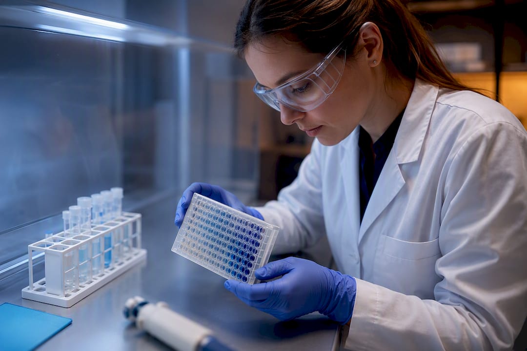 Investigadora analizando resultados atípicos en una placa ELISA