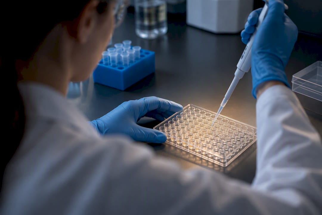 Wissenschaftler pipettieren Serum in ELISA-Mikrotiterplatten.