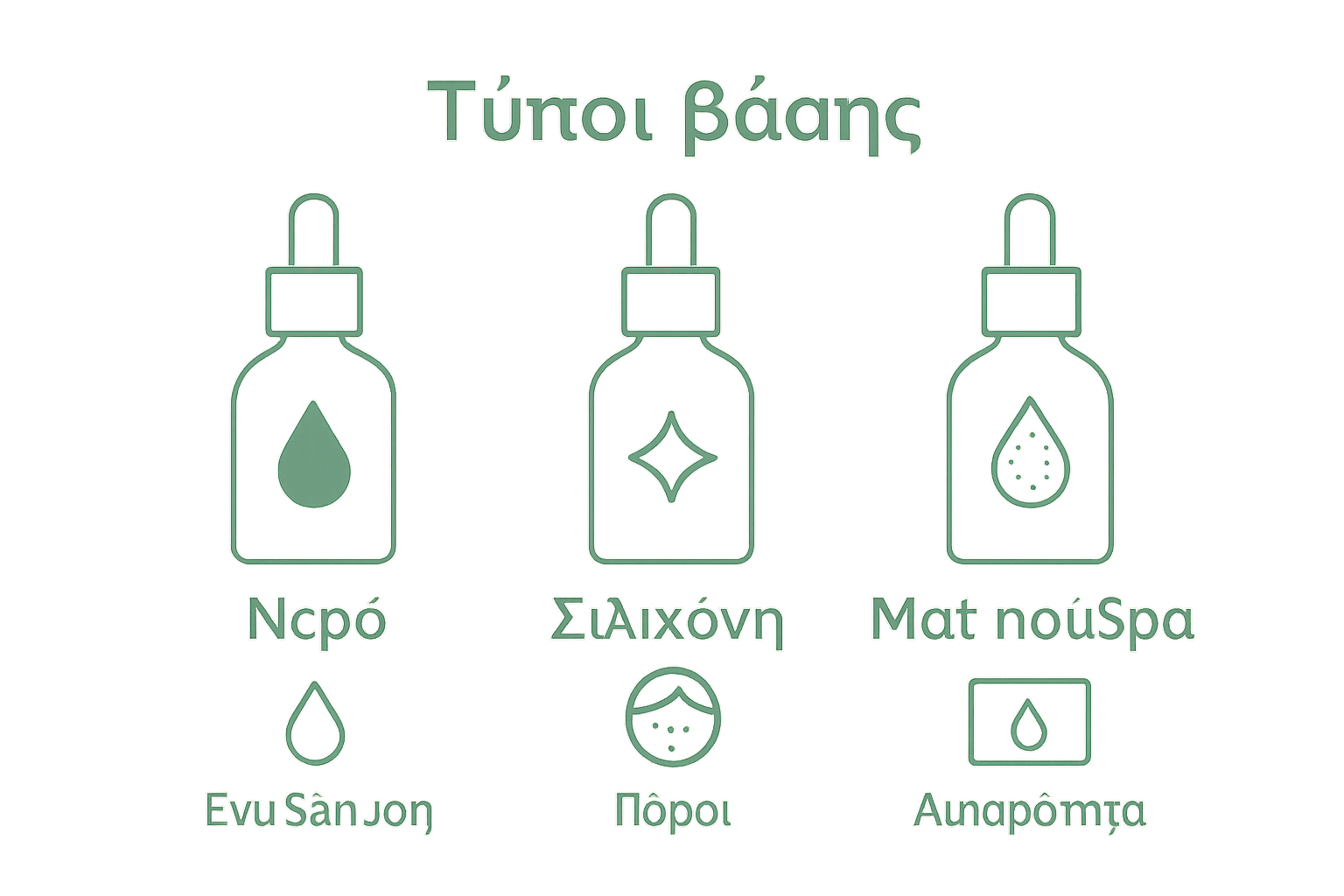Comparison of three makeup base categories with skin type icons for each