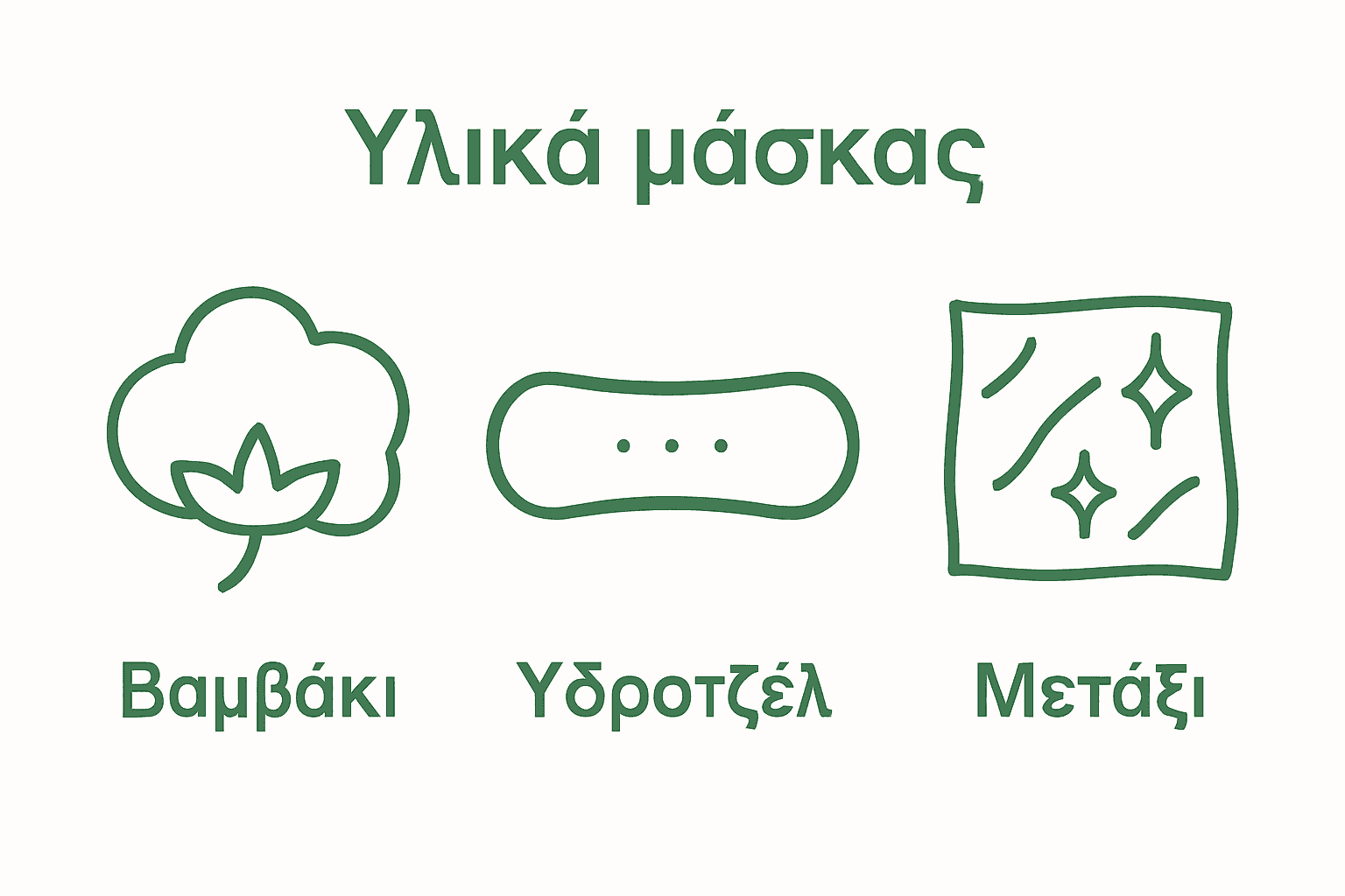 Εικονίδια υλικών sheet mask: βαμβάκι, υδρογέλη, μετάξι