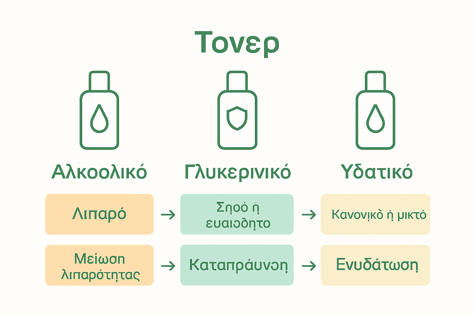 Infographic comparing alcohol-based, glycerin, and watery toner types