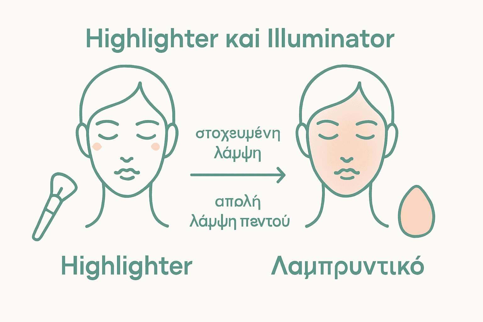 Comparison infographic between highlighter and illuminator use on the face.