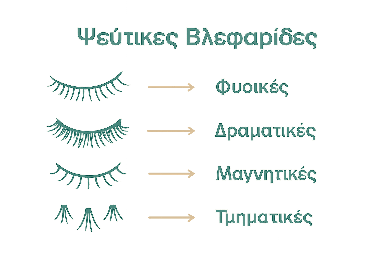 Εικονίδια με βασικούς τύπους faux lashes και χρήση τους