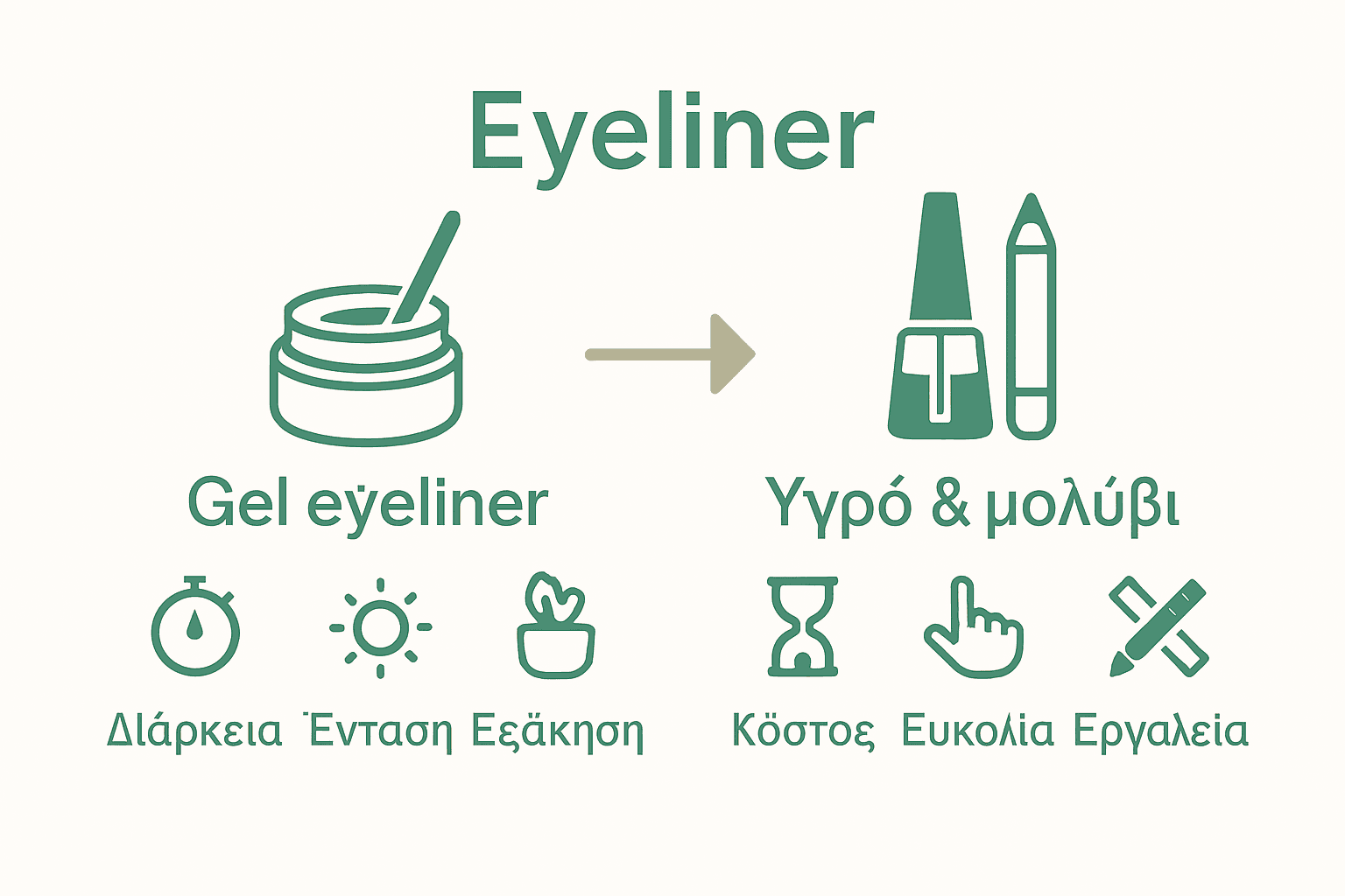 Σύγκριση gel, υγρού και μολυβιού eyeliner με βασικά πλεονεκτήματα-μειονεκτήματα
