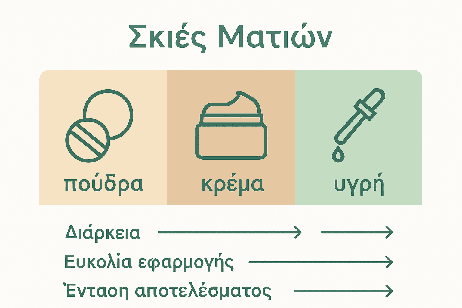 Infographic comparing powder, cream, and liquid eye shadows with icons and key differences.