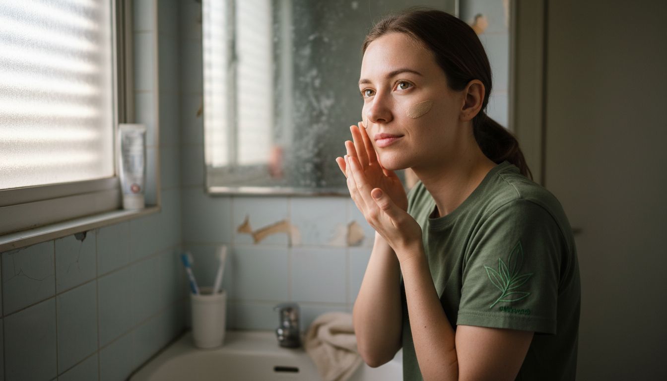 Young woman applies matte foundation in bathroom