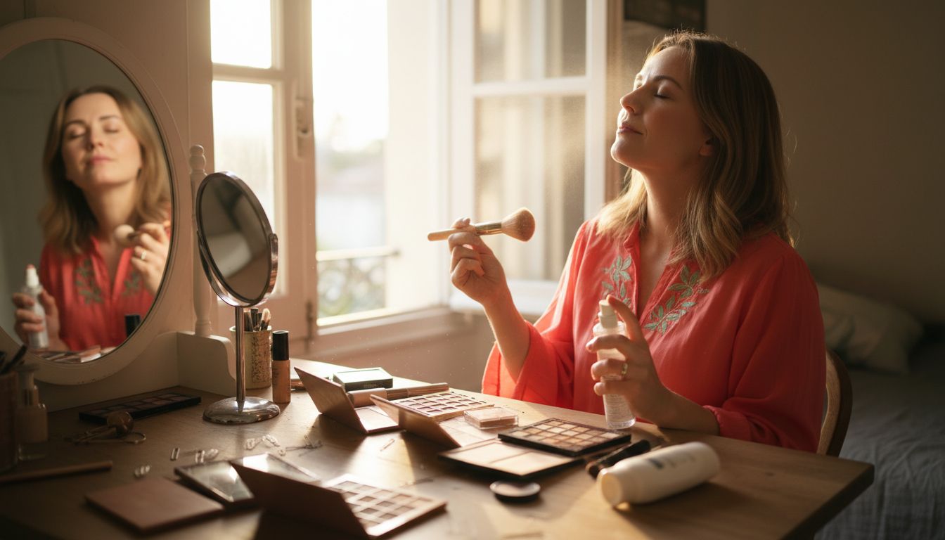 Woman prepares to spray setting spray at vanity