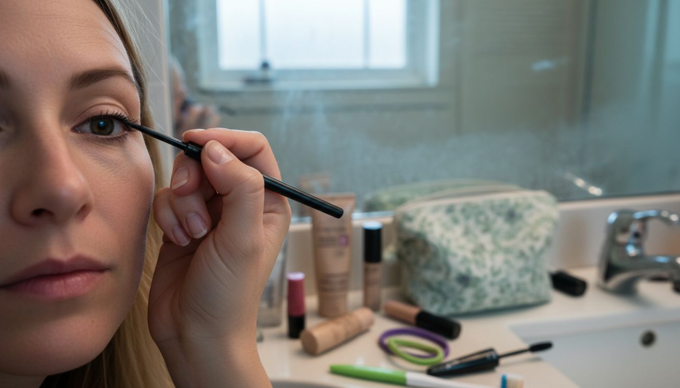 Close up applying liquid eyeliner to eyelid
