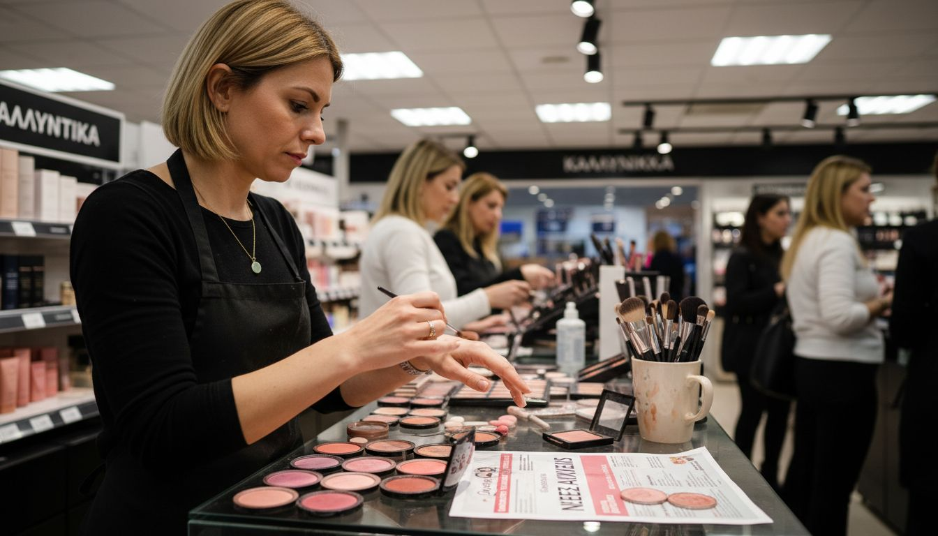 Η μακιγιέζ δοκιμάζει διαφορετικές υφές ρουζ πάνω στο χέρι της για να βρει το ιδανικό αποτέλεσμα.