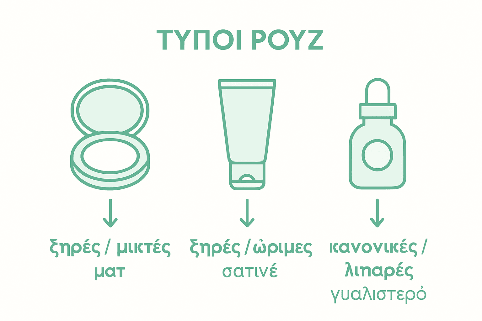 Εικονογράφηση που παρουσιάζει τις διαφορές ανάμεσα σε ρουζ σε μορφή πούδρας, κρέμας και υγρού – πλεονεκτήματα, μειονεκτήματα και ποια επιλογή ταιριάζει καλύτερα σε κάθε τύπο επιδερμίδας.