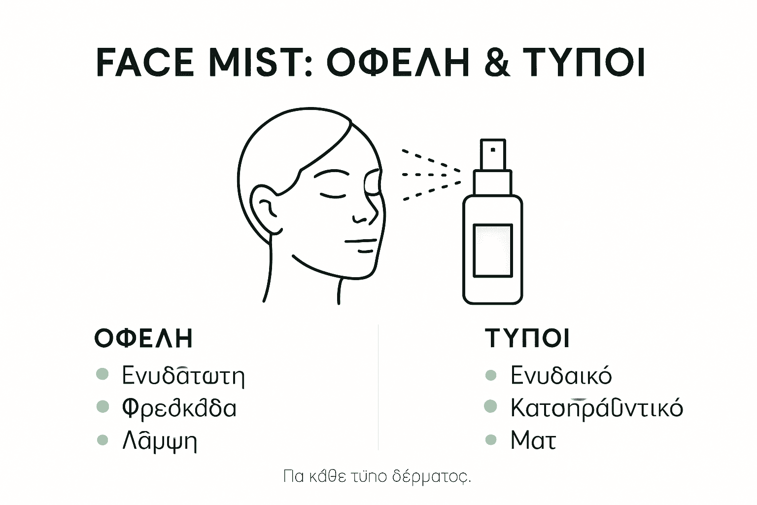 Εικονογραφημένος οδηγός με τους διαφορετικούς τύπους face mist και τα οφέλη τους για την επιδερμίδα