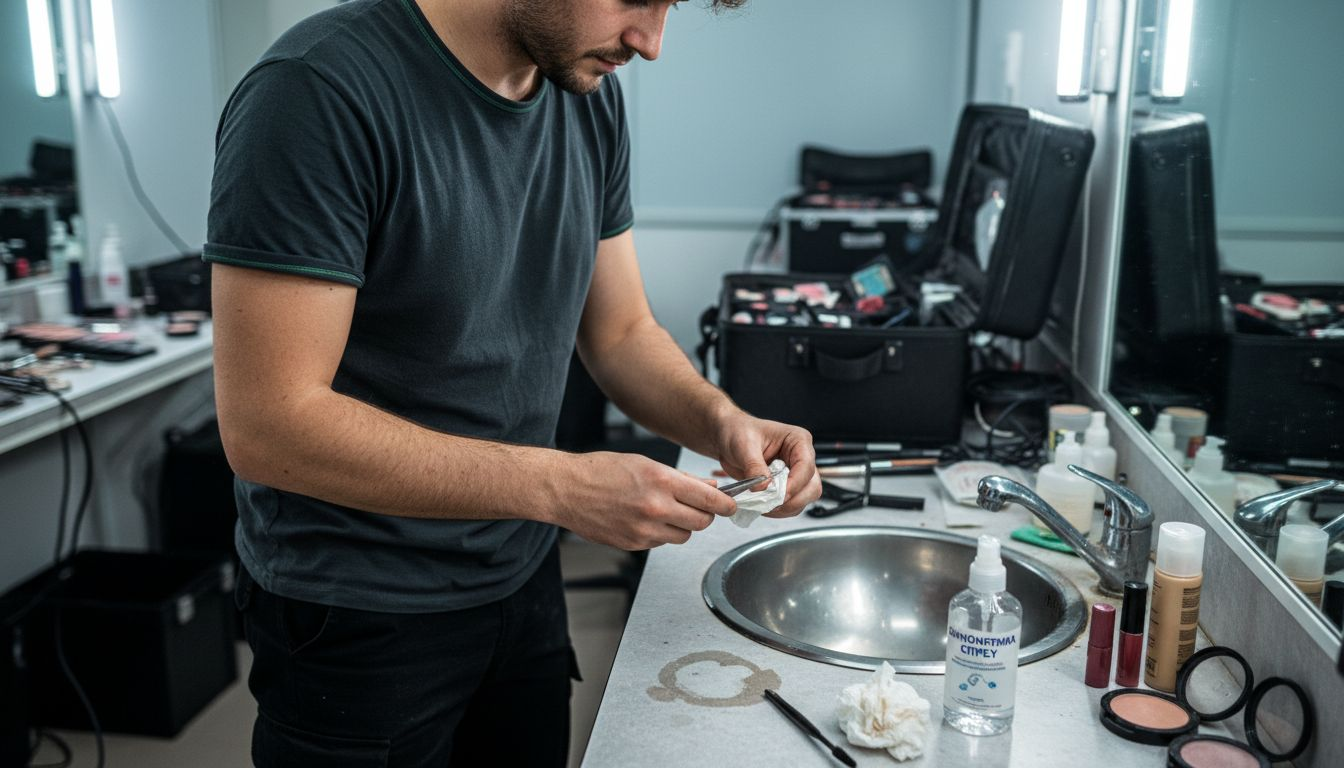 Η makeup artist φροντίζει να απολυμαίνει σχολαστικά τα εργαλεία ομορφιάς πριν τη χρήση, για να διασφαλίζει υγιεινή και ασφάλεια σε κάθε εφαρμογή.