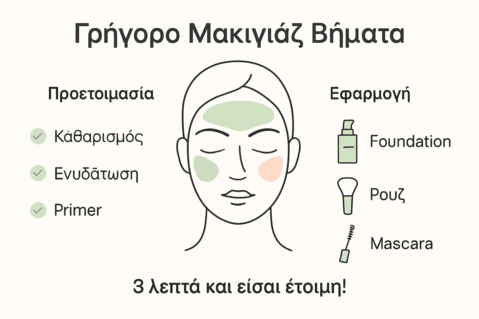 Εικονογραφημένος οδηγός με τα βασικά βήματα για γρήγορο μακιγιάζ