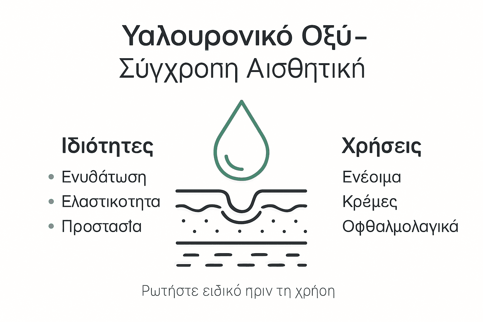Εικονογράφηση που παρουσιάζει τα βασικά οφέλη και τις κύριες χρήσεις του υαλουρονικού οξέος