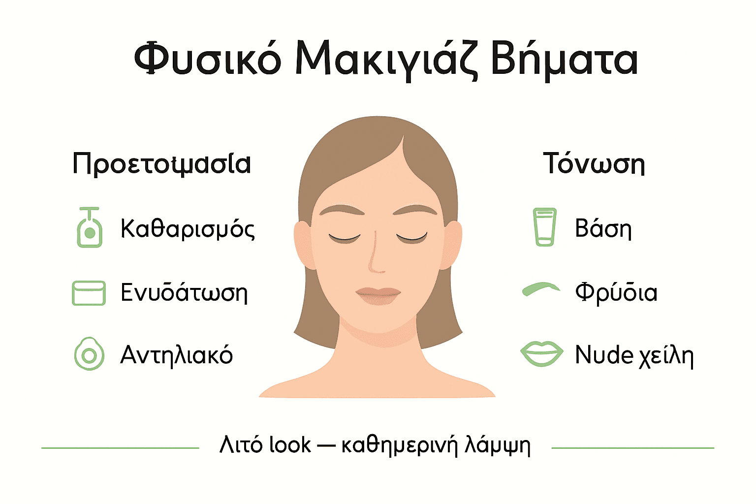 Εικονογράφηση με βασικά βήματα για ένα φυσικό μακιγιάζ