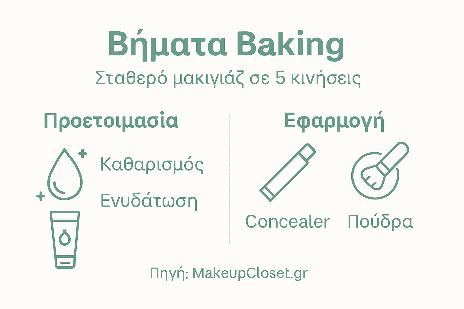 Το παρακάτω infographic παρουσιάζει με απλό και κατανοητό τρόπο τα βασικά βήματα για το baking στο μακιγιάζ, ώστε να μπορείς να ακολουθήσεις τη διαδικασία στα ελληνικά βήμα-βήμα.