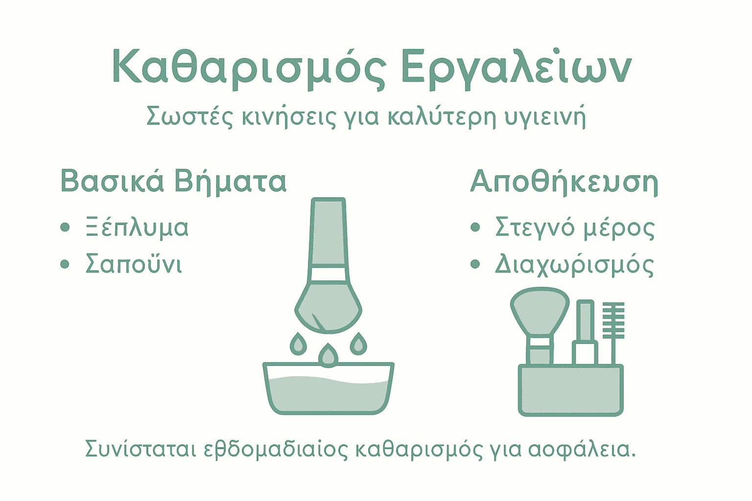 Οδηγός με εικονογραφήσεις για το σωστό καθάρισμα και την αποθήκευση των πινέλων μακιγιάζ