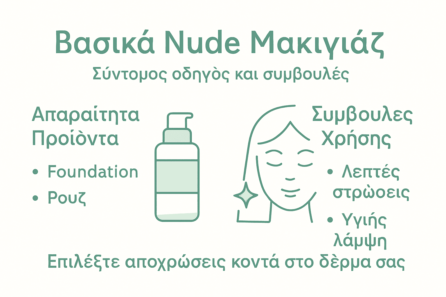 Εικονογράφηση με βασικά προϊόντα και μυστικά για φυσικό μακιγιάζ