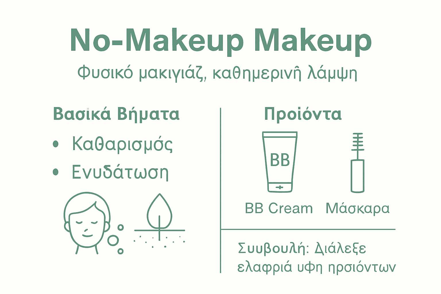 Γραφικό με τα βασικά βήματα για το φυσικό μακιγιάζ που δείχνει σαν να μην φοράς τίποτα