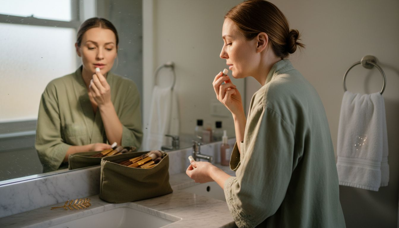 Γυναίκα φροντίζει τα χείλη της πριν βάλει lip gloss.