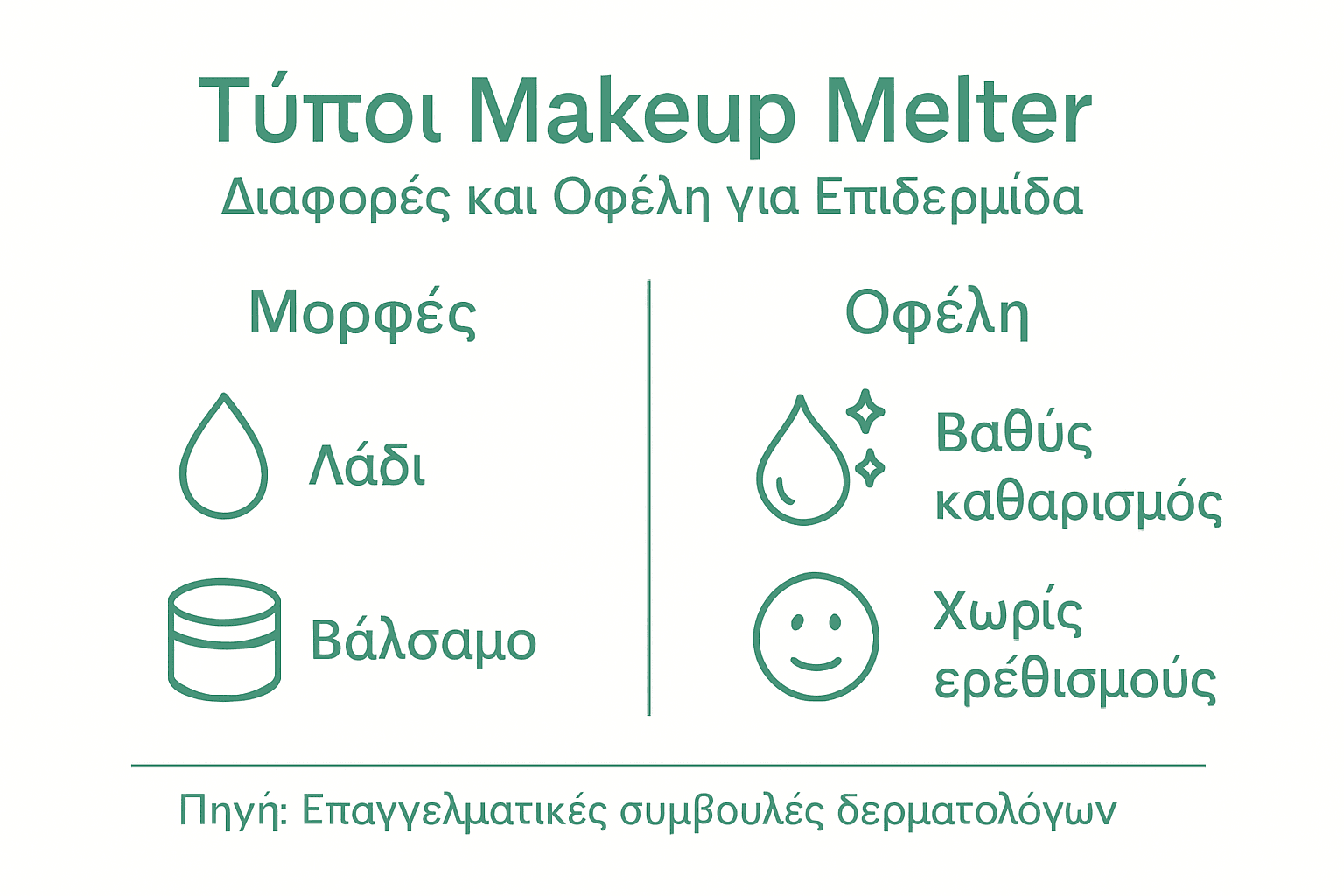 Εικονογράφηση με τους διαφορετικούς τύπους και τα οφέλη των προϊόντων ντεμακιγιάζ