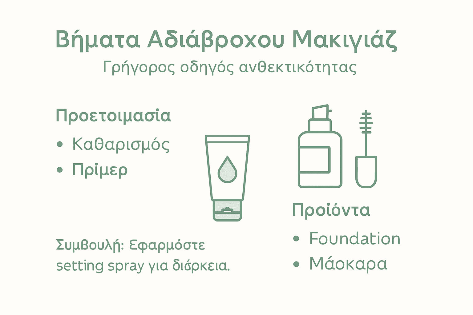 Δείτε το αναλυτικό infographic με βήμα-βήμα οδηγίες για αδιάβροχο μακιγιάζ και μάθετε πώς να διατηρείτε το look σας άψογο όλη μέρα, ό,τι κι αν συμβεί.