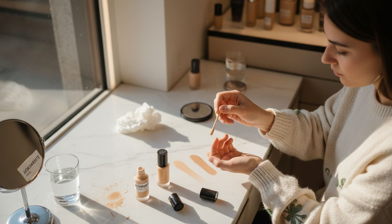 Μια γυναίκα δοκιμάζει αποχρώσεις make up στο χέρι της μέσα στο κατάστημα.