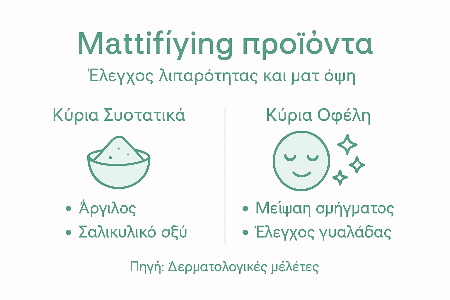 Εικονογραφημένος οδηγός με προϊόντα για ματ αποτέλεσμα και βασικά συστατικά που πρέπει να γνωρίζεις