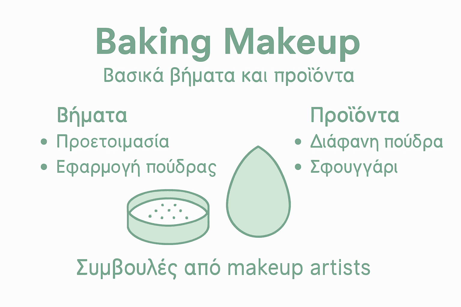 Εικονογράφηση με βήματα και προϊόντα για τέλειο baking στο μακιγιάζ