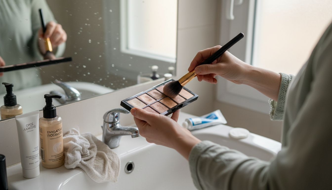 Ένα ζευγάρι χέρια κρατάει μια παλέτα με highlighter μπροστά στον νιπτήρα του μπάνιου.