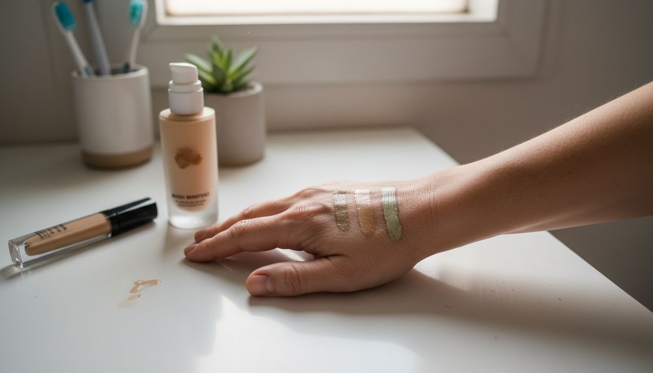 Κοντινή λήψη χεριού με δοκιμές αποχρώσεων concealer