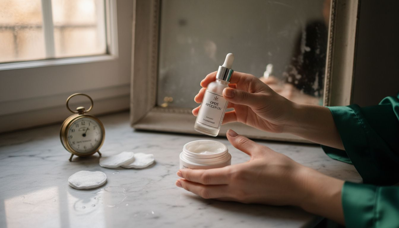 Μπουκαλάκι με serum και ενυδατική κρέμα πάνω σε μαρμάρινη τουαλέτα