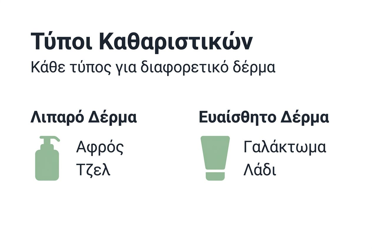 Απλό infographic με τους κατάλληλους τύπους καθαριστικών για κάθε τύπο δέρματος