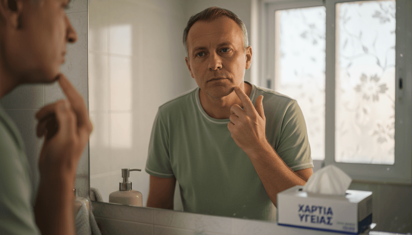 Ένας ώριμος άνδρας παρατηρεί προσεκτικά την ενυδατωμένη και υγιή επιδερμίδα του.