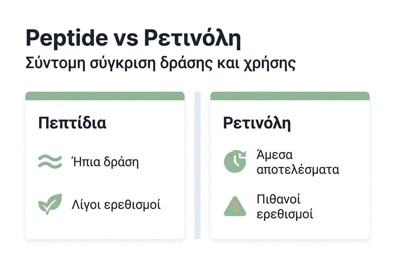 Εντυπωσιακό infographic που αναδεικνύει τις διαφορές και τα κοινά σημεία μεταξύ πεπτιδίων και ρετινόλης στην περιποίηση της επιδερμίδας.