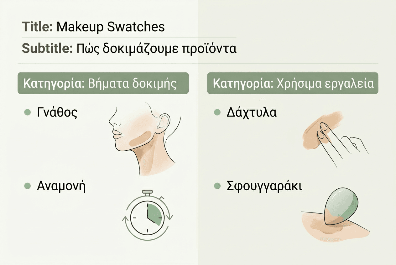 Εικονογραφημένος οδηγός με τα βασικά βήματα για δοκιμή αποχρώσεων μακιγιάζ
