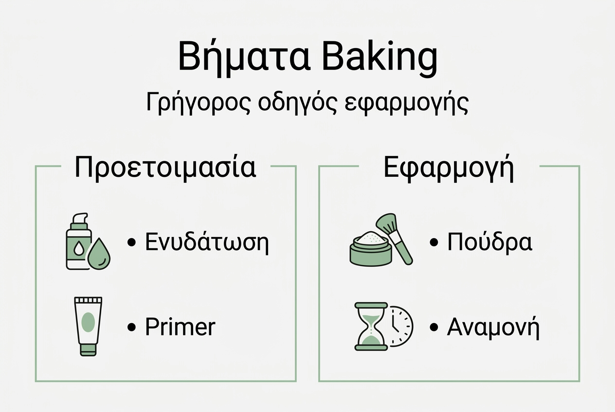 Οδηγός με τα βασικά βήματα του baking στο μακιγιάζ, σε μορφή εύκολης και κατανοητής απεικόνισης.