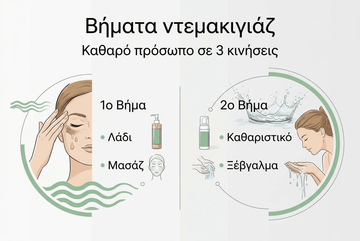 Εικόνα με τα βασικά βήματα για σωστό καθαρισμό προσώπου
