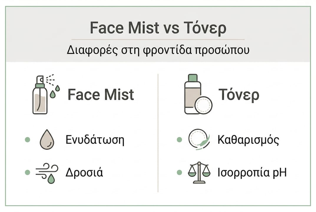 Γραφικό με συγκριτικό μεταξύ face mist και toner για τη φροντίδα της επιδερμίδας