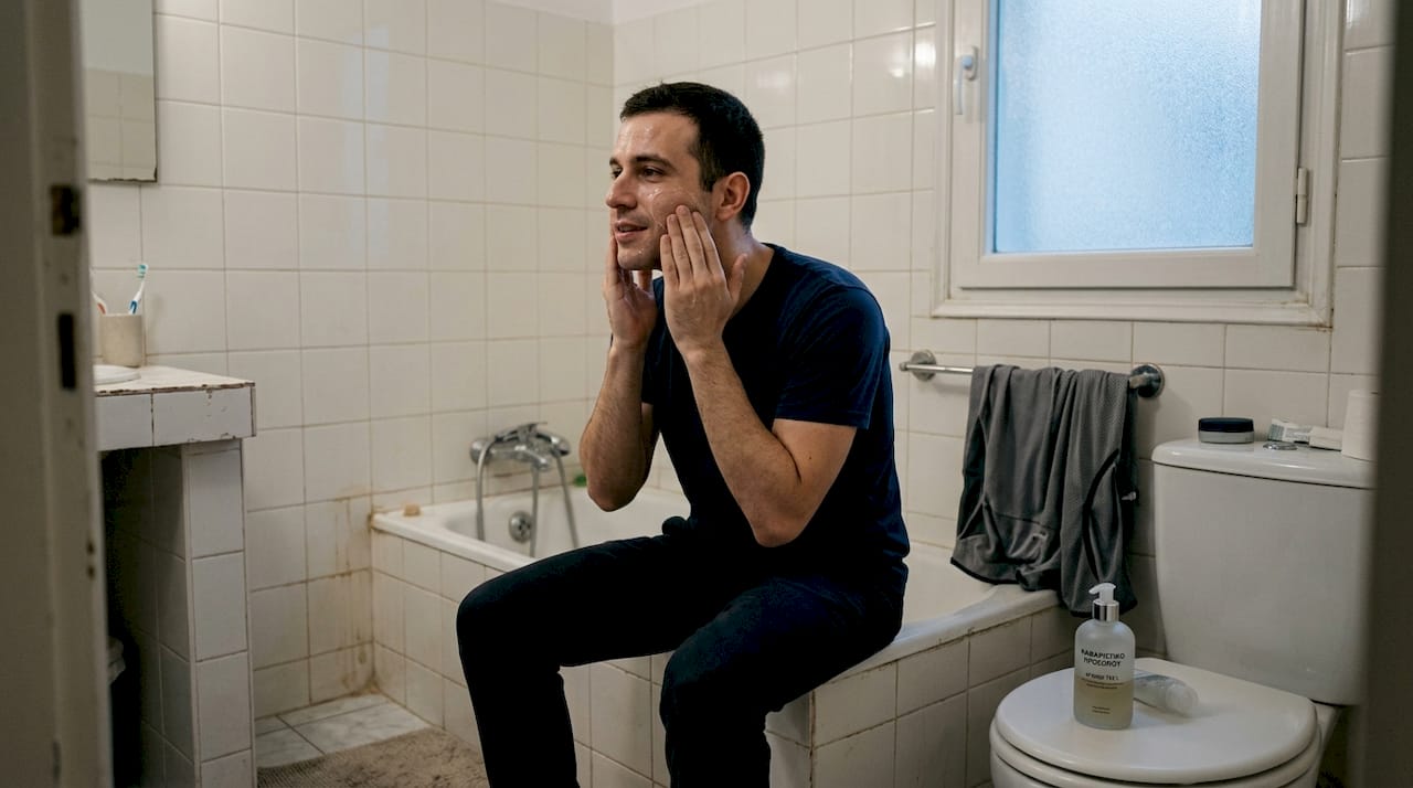 Άνδρας αφαιρεί το αντηλιακό του κατά τον βραδινό καθαρισμό προσώπου