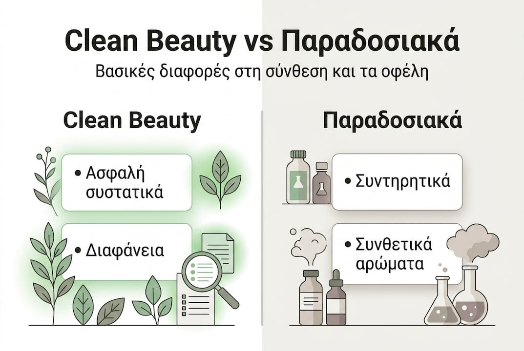 Διαδραστικό γράφημα με τα βασικά σημεία που ξεχωρίζουν τη clean beauty από τα παραδοσιακά καλλυντικά
